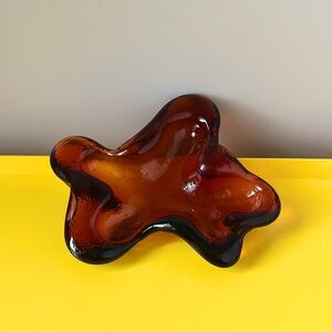 Vintage Blenko Freeform Glass Dish, Abstract Amber Glass Ashtray Hand Blown MCM
